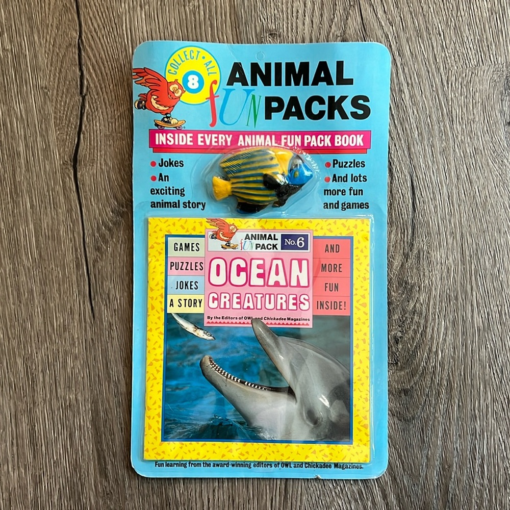 VINTAGE Animal Fun Packs, OWL, Chickadee Magazine, book with fish 1991 no. 6
